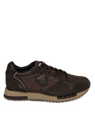 Sneaker in mesh e camoscio marrone Blauer vista laterale con scudo logo