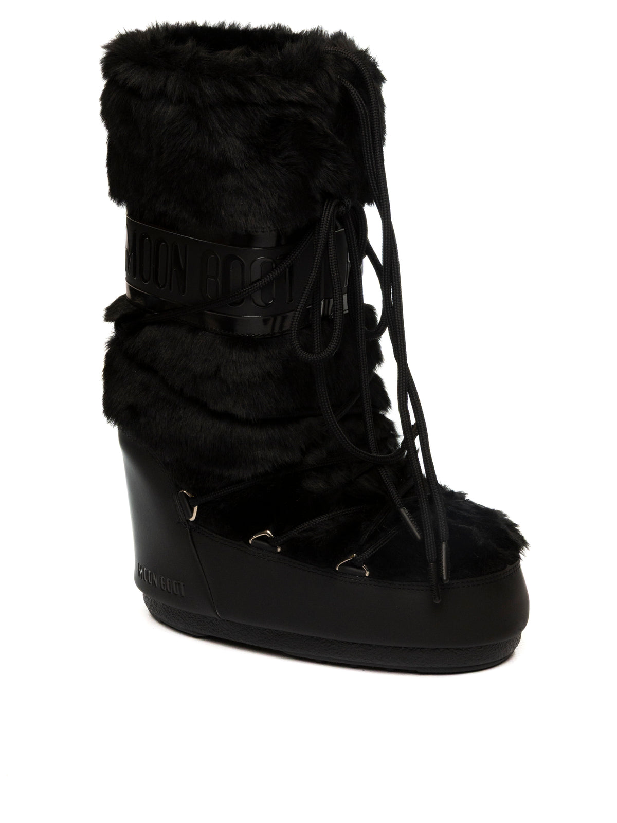 Doposci Icon Faux Fur neri MOON BOOT vista tre quarti con anelli metallici