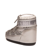 Stivaletto doposci in nylon argento Moon Boot, vista tre quarti posteriore con tallone rinforzato