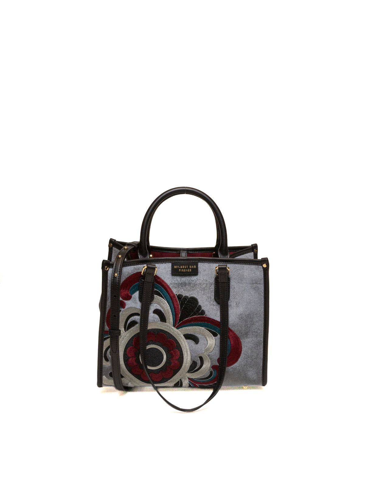 Borsa shopping in tessuto ricamato grigio MY-BEST BAG vista frontale con motivo decorativo e logo
